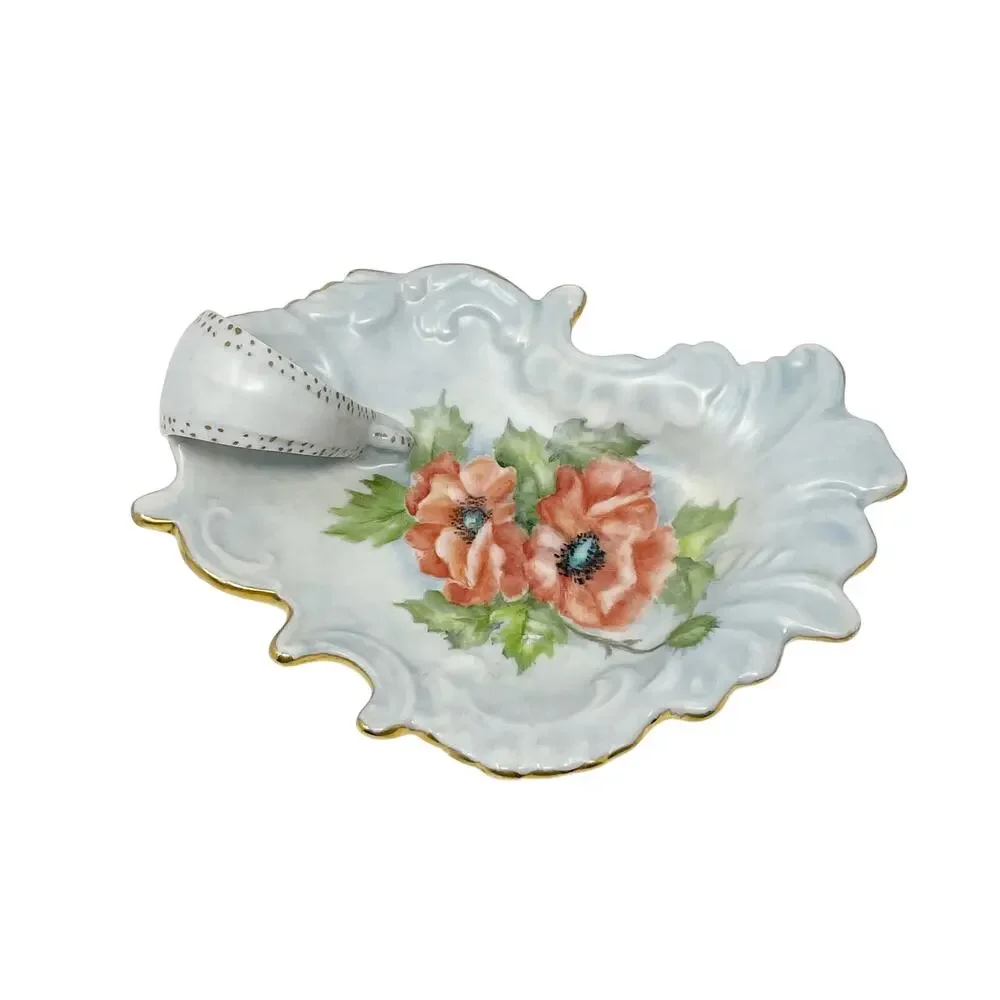 Vintage Pastel Blue Trinket Soap Jewelry Dish Red Poppies w Gold Trim 6 Inch MCM